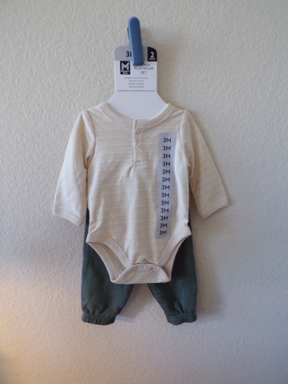 Member's Mark Baby Boys 2-Piece Playwear Set 3 Months Brown Stripe Henley Bodysu